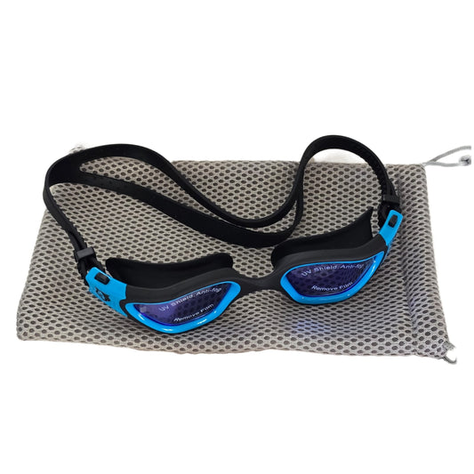 FLOWOLF FH1 Open Water Goggles - Black/ Blue / Mirror Lenses + Mesh Bag