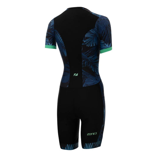 ZONE3 Women's Active+ Short Sleeve Full Zip Trisuit - Tropical Palm Navy/Mint